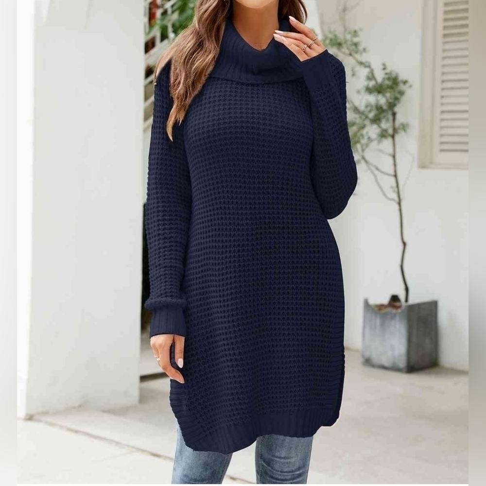Lisa and Rose Cowl Turtle Neck Waffle Knit Slit Side Sweater Dress SMALL Navy